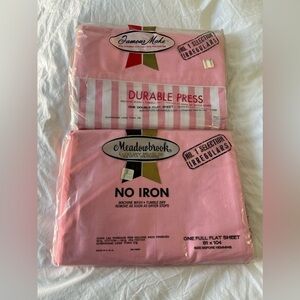 VTG Famous Make Lot 2 FULL Flat Sheets Pink Solid | Striped Retro MCM NWOT